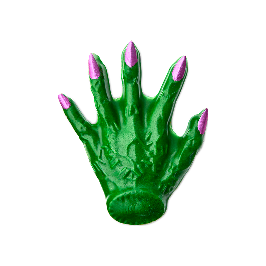 Witch's Hand. A bright green, textured shower gummy shaped like a witch's hand with five splayed fingers. The long, pointed fingernails are painted a vibrant metallic pink.